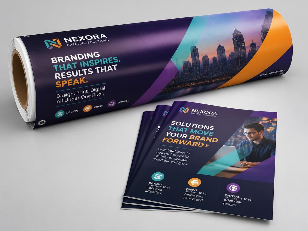 Vinyl banner and glossy marketing pamphlets